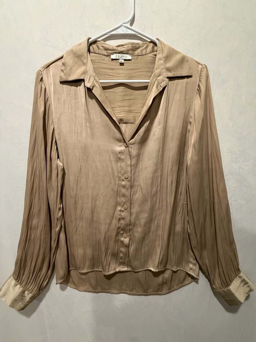 Z Supply Satin Button Down Blouse Size S Gold Long Sleeve